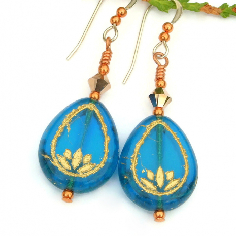 lotus flower teardrop earrings handmade yoga jewelry aquamarine blue gold