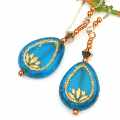 lotus flower teardrop jewelry handmade yoga earrings aquamarine blue gold