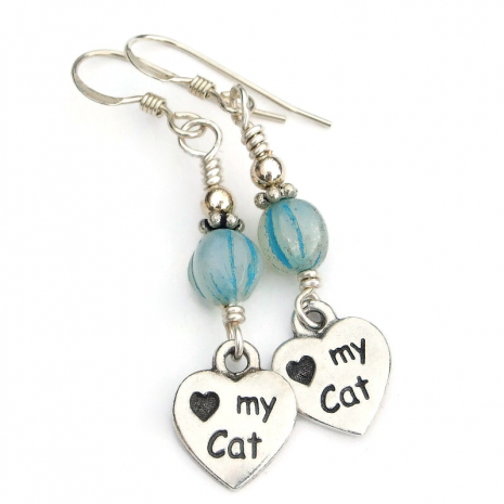 love my cat earrings paw prints hearts handmade gift for women