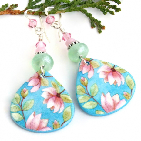 magnolias flowers handmade earrings pink aqua blue green lightweight