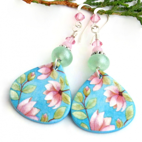magnolias flowers handmade jewelry pink aqua blue green lightweight