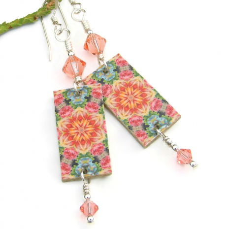 mandala lightweight earrings handmade swarovski crystals pink peach orange green
