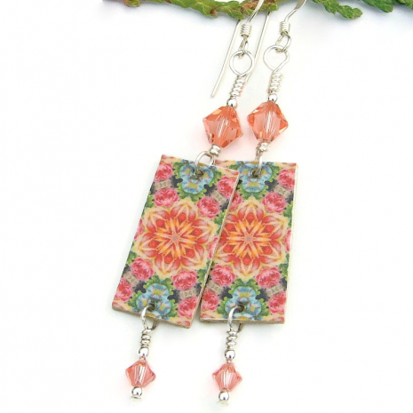 mandala lightweight jewelry handmade swarovski crystals pink peach orange green