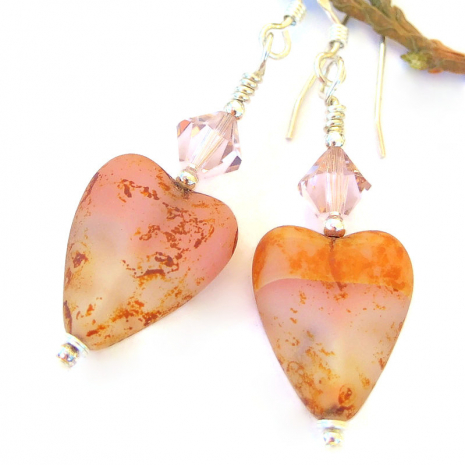 matte pink orange heart earrings swarovski crystals mothers day handmade