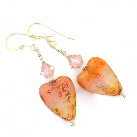 matte pink orange heart jewelry swarovski crystals mothers day handmade
