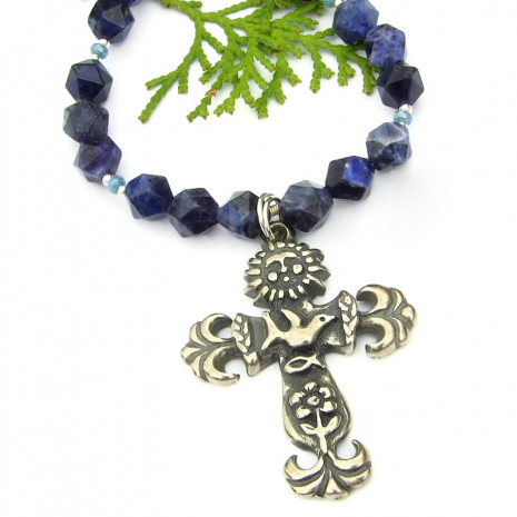 meaningful earth cross jewelry blue sodalite gemstones sun dove ichthys