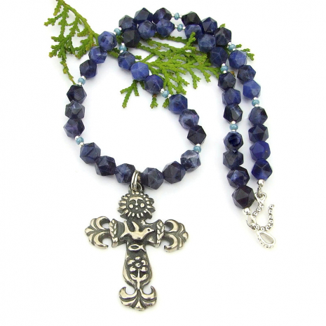 meaningful earth cross necklace blue sodalite gemstones sun dove ichthys