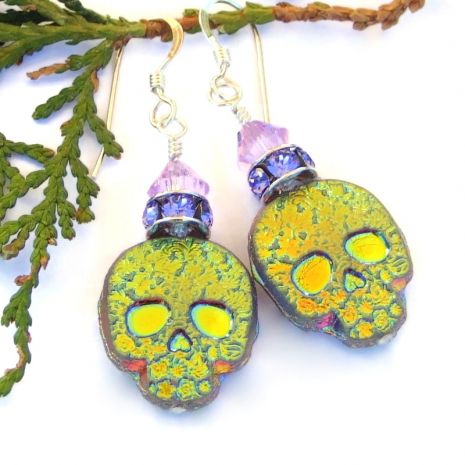 metallic glass sugar skull earrings swarovski crystals