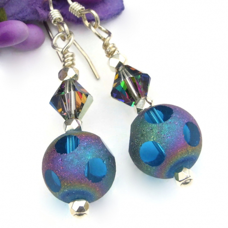 meteorite glass earrings handmade aurora borealis windows swarovski crystals