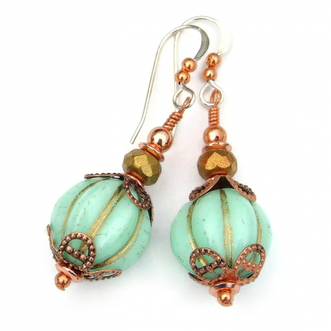 mint green copper earrings handmade gift for women vintage look