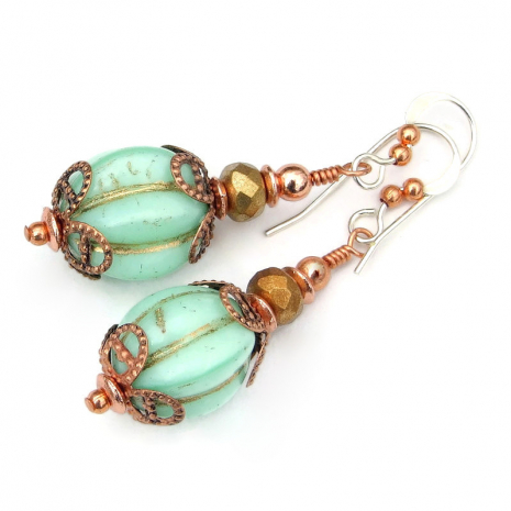 minty green melon bead handmade earrings gift for her