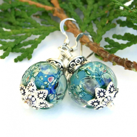 Unique aqua lampwork glass earrings