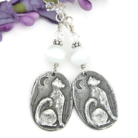 moon cats handmade earrings white cats eye beads swarovski crystals jewelry