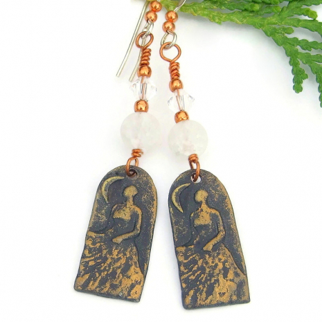 moon goddess celestial earrings handmade bronze pewter crackle quartz swarovski