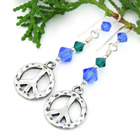 mother earth inspired peace sign earrings crystals
