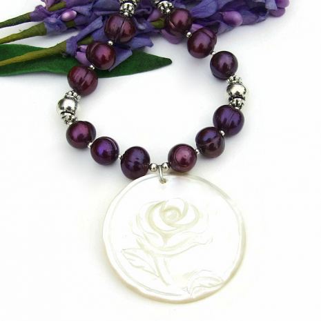 mother of pearls flower pendant necklace purple pearls handmade gift women