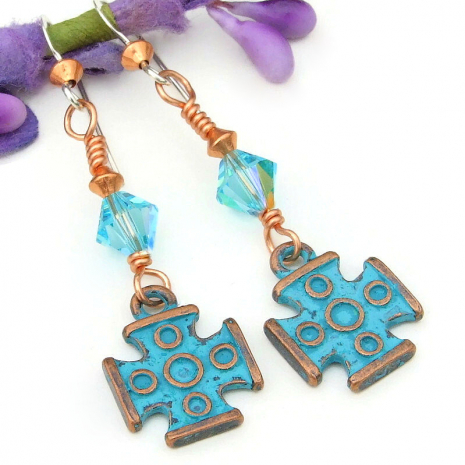 mykonos greek cross handmade earrings turquoise patina swarovski crystals