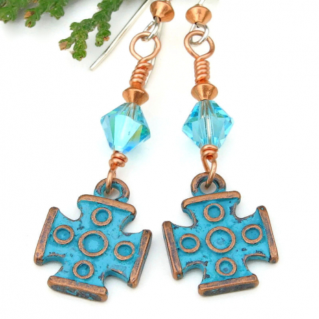 mykonos greek cross handmade jewelry turquoise patina swarovski crystals