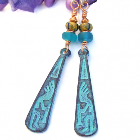 mykonos handmade kokopelli earrings Southwest turquoise aqua brown