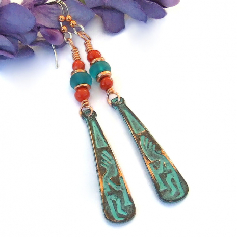 mykonos kokopelli earrings red coral turquoise glass