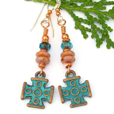 mykonos turquoise patina copper cross earrings handmade jewelry
