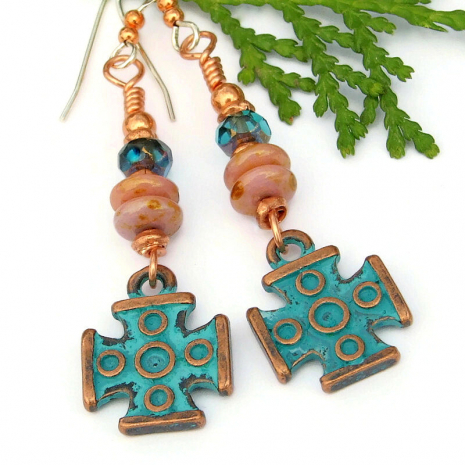 mykonos turquoise patina copper cross earrings handmade jewelry