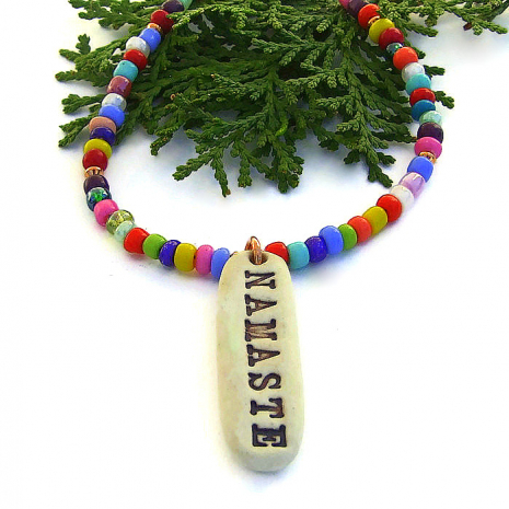namaste necklace with multi color african christmas beads