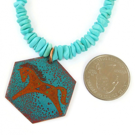 native american horse on turquoise enamel pendant necklace real turquoise