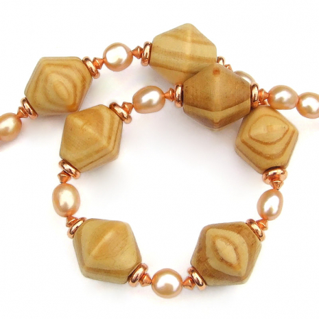 natural wood bead jewelry handmade pearls copper