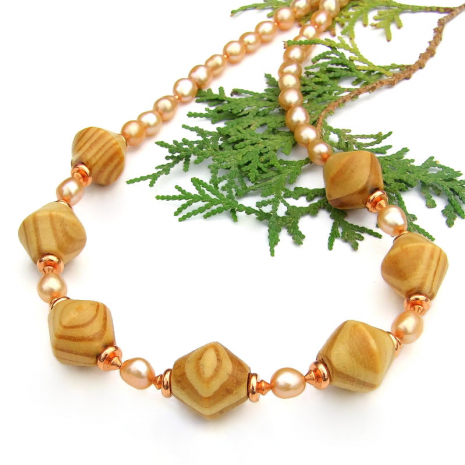 natural wood bead necklace handmade pearls copper