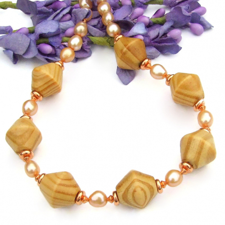 natural wood pearls necklace handmade copper lightweight