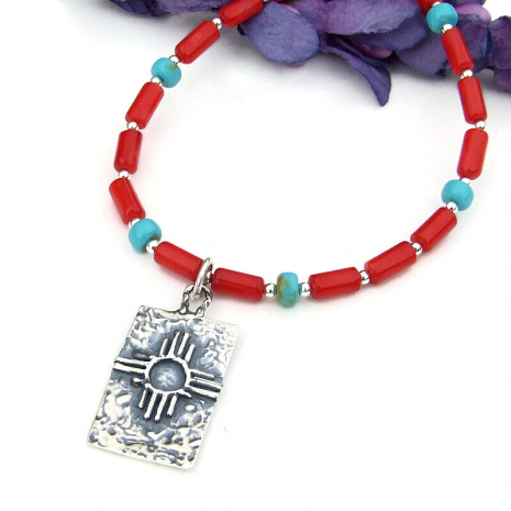 new mexico zia sun symbol necklace red coral real turquoise