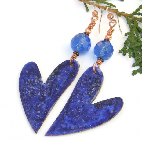 night sky blue heart earrings faceted blue czech glass handmade Valentines gift