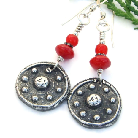 noble eightfold path earrings symbolic wheel of life buddhist rustic pewter red