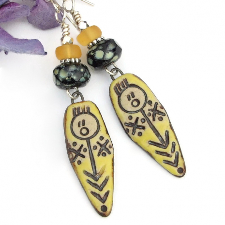 oh no woman man tribal earrings handmade ceramic czech glass