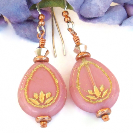 one of a kind lotus yoga earrings pink rose gold crystals handmade jewelry