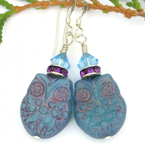 opal blue amethyst purple glass owl earrings handmade swarovski crystals