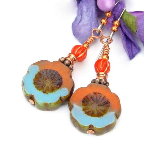 orange blue flower earrings handmade hawaiian blossom