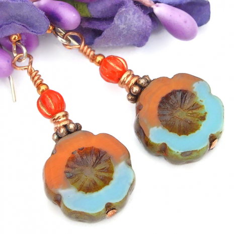 orange blue flower jewelry handmade hawaiian blossom