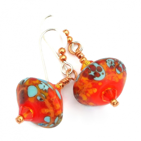 orange blue lampwork earrings gift for women