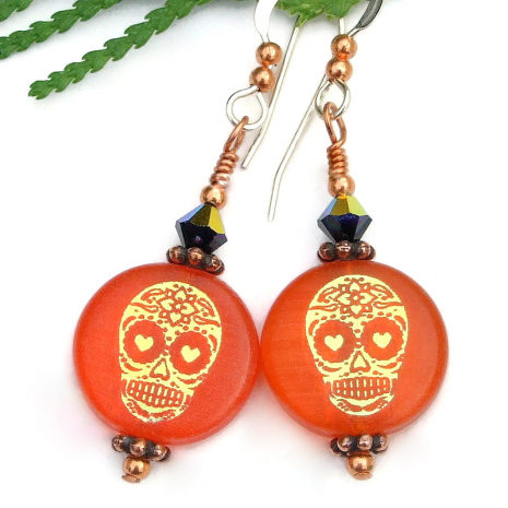 orange gold black sugar skull handmade earrings halloween day of the dead