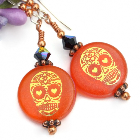 orange gold black sugar skull handmade jewelry halloween day of the dead