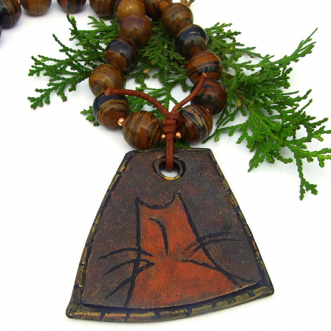 orange kitty cat necklace with tigers eye gemstones