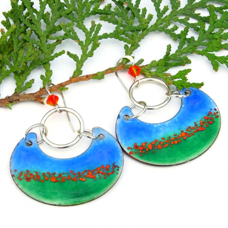 orange poppy flower handmade jewelry enamel swarovski crystals