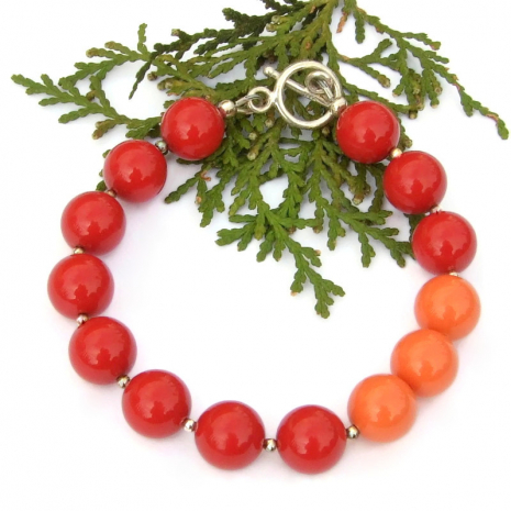 orange red coral swarovski crystal pearl bracelet sterling silver