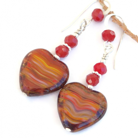 orange red yellow glass heart earrings handmade valentines day