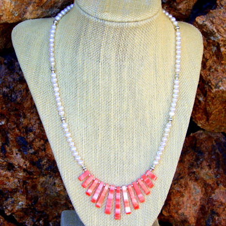 orange shell and white pearl beach necklace for her