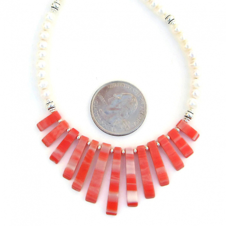orange shell fan and white pearl necklace handmade gift