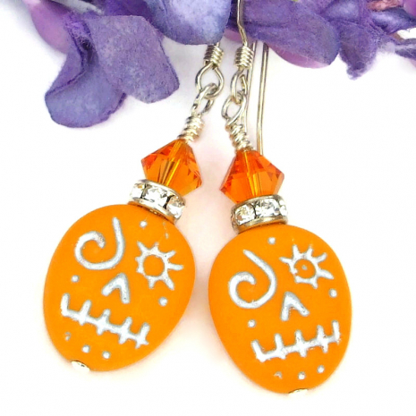 orange silver halloween voodoo face earrings handmade swarovski crystals