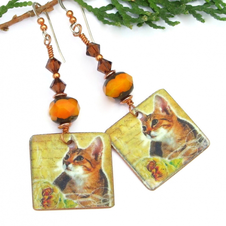 orange tabby cat kitty earrings czech glass swarovski crystals